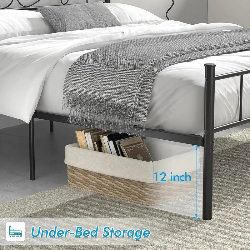 Queen Sturdy Metal Platform Bed Frame with Headboard Footboard in Black Finish by HomePacific