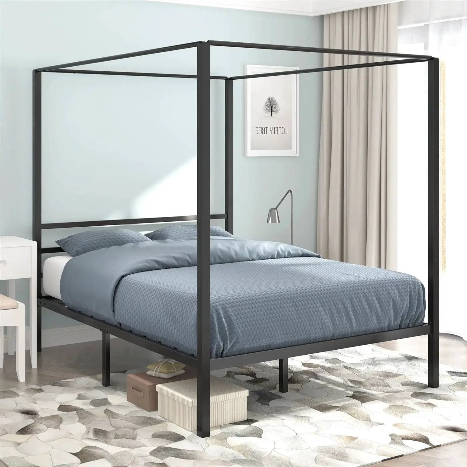 Queen size Modern Four Poster Metal Canopy Bed in Black Finish by HomePacific