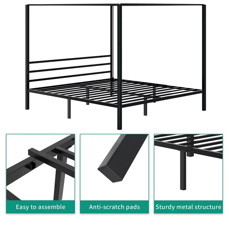 Queen size Modern Four Poster Metal Canopy Bed in Black Finish by HomePacific