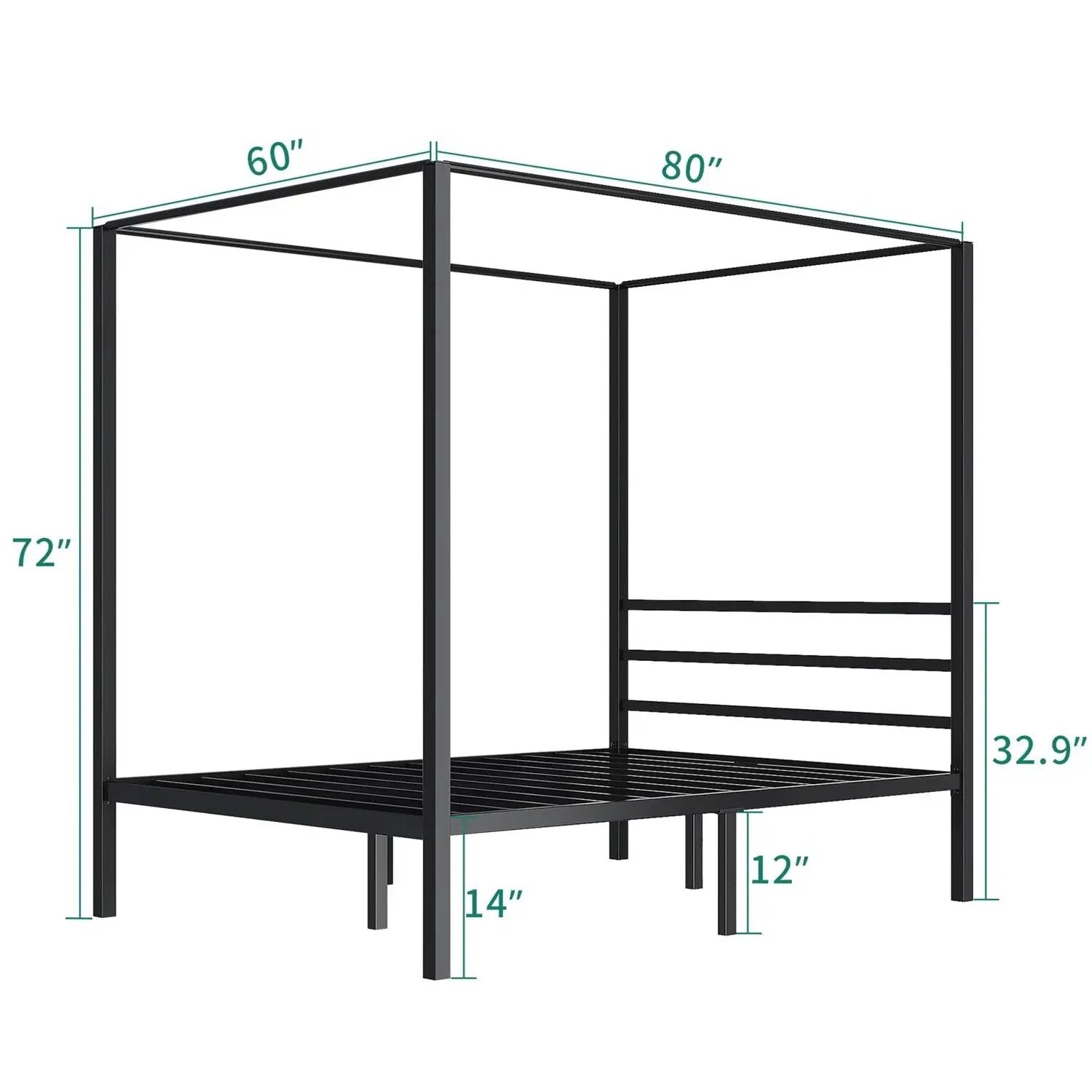 Queen size Modern Four Poster Metal Canopy Bed in Black Finish by HomePacific