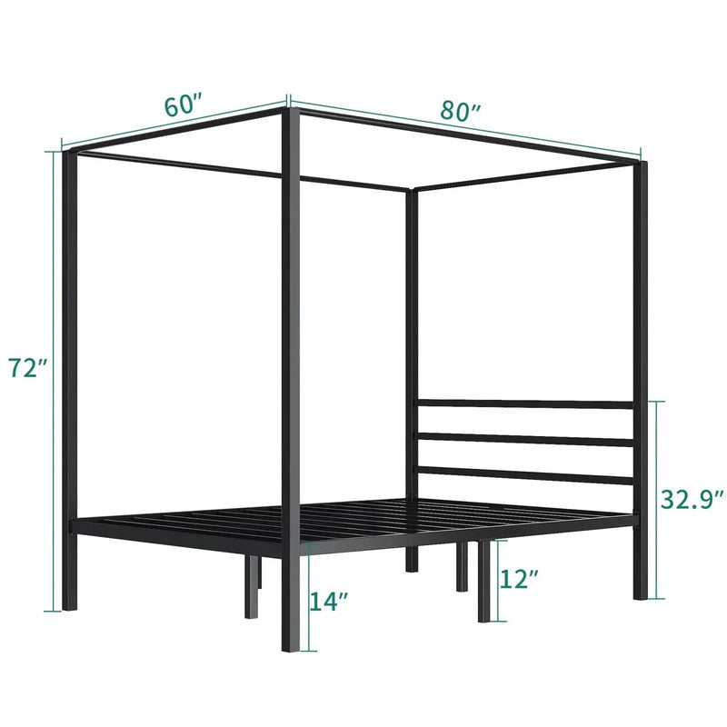 Queen size Modern Four Poster Metal Canopy Bed in Black Finish by HomePacific