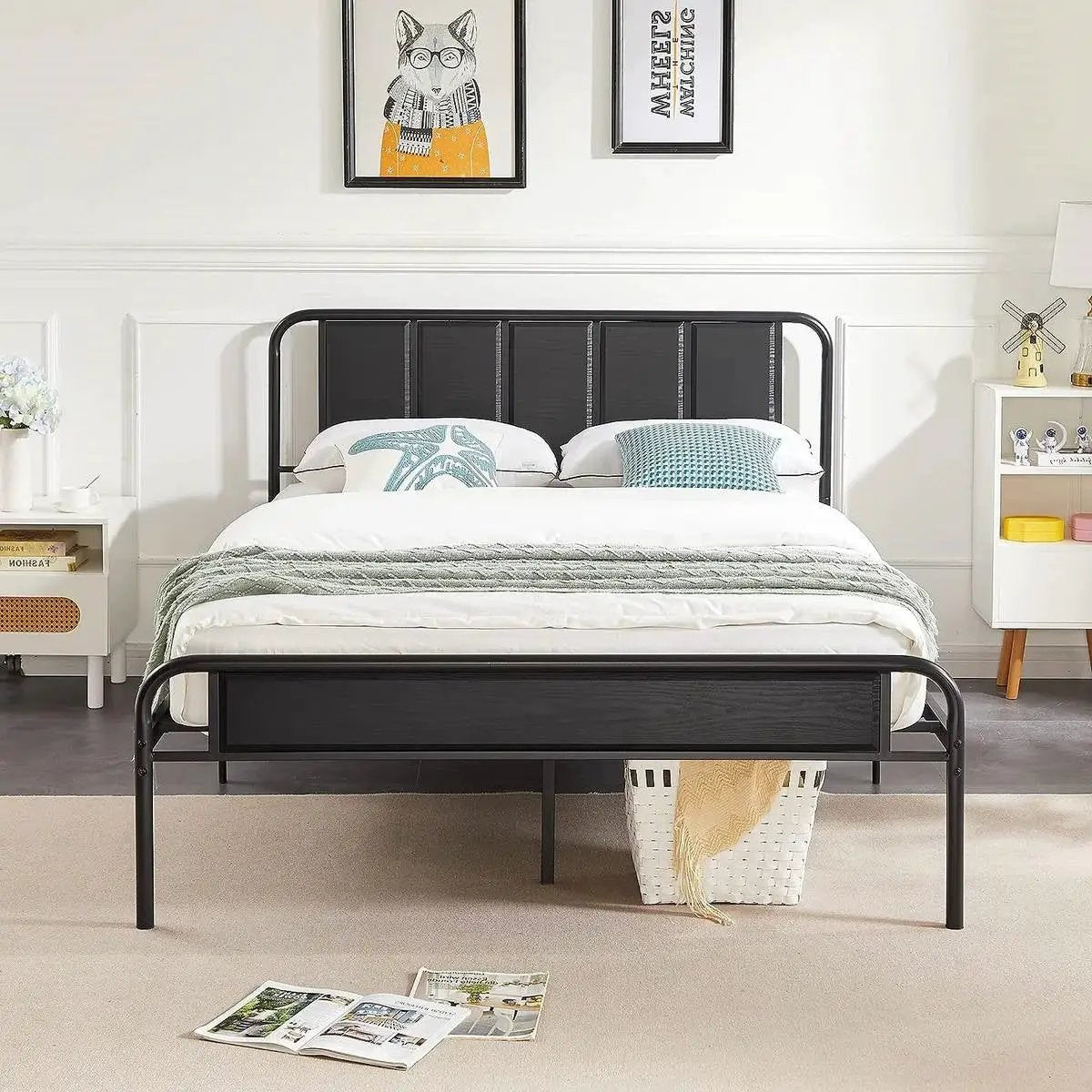 Queen size Black Wood Metal Platform Bed Frame with Rounded Headboard Footboard by HomePacific
