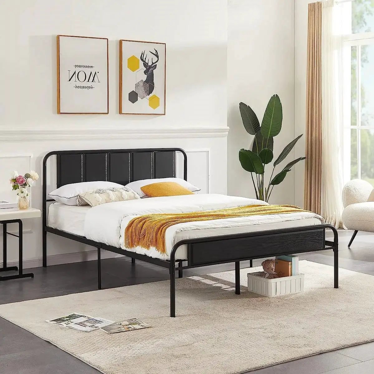 Queen size Black Wood Metal Platform Bed Frame with Rounded Headboard Footboard by HomePacific
