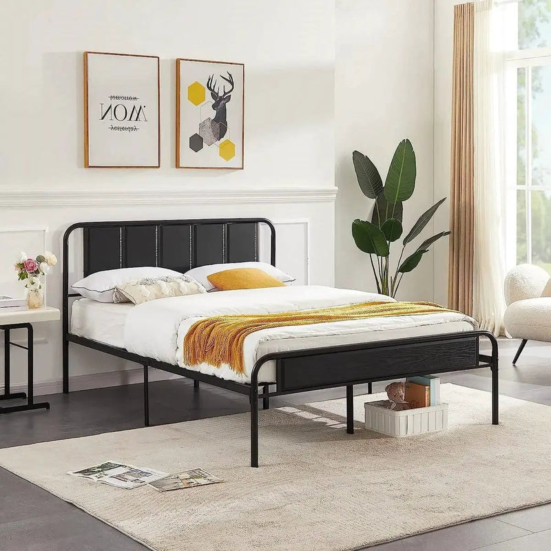 Queen size Black Wood Metal Platform Bed Frame with Rounded Headboard Footboard by HomePacific