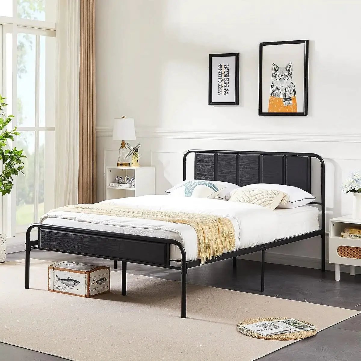 Queen size Black Wood Metal Platform Bed Frame with Rounded Headboard Footboard by HomePacific