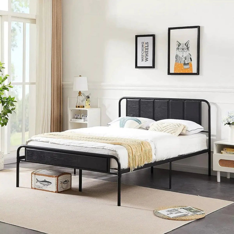 Queen size Black Wood Metal Platform Bed Frame with Rounded Headboard Footboard by HomePacific