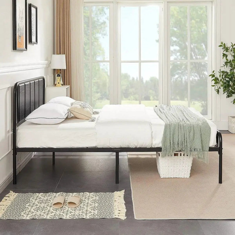 Queen size Black Wood Metal Platform Bed Frame with Rounded Headboard Footboard by HomePacific