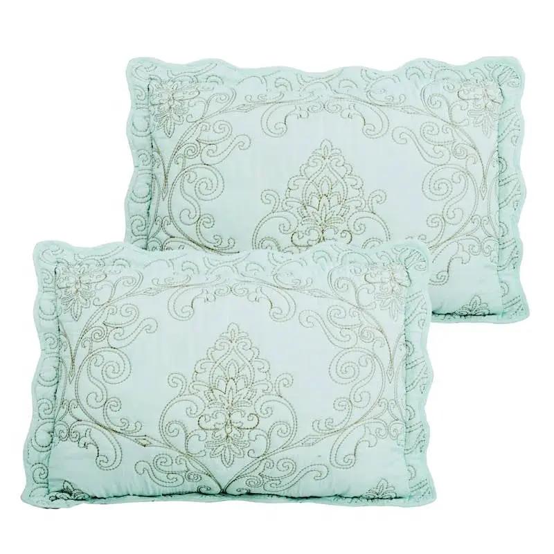Queen size Light Blue Damask Embroidered 4 Piece Oversized Bedspread Set by HomePacific