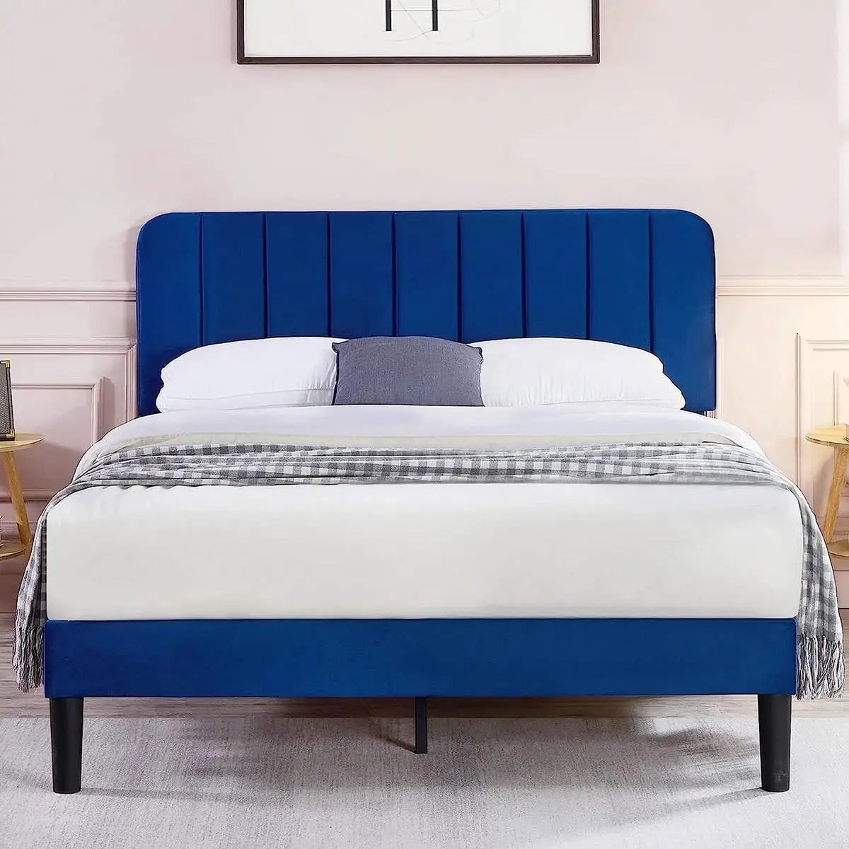 Queen size Blue Upholstered Platform Bed Frame with Headboard by HomePacific