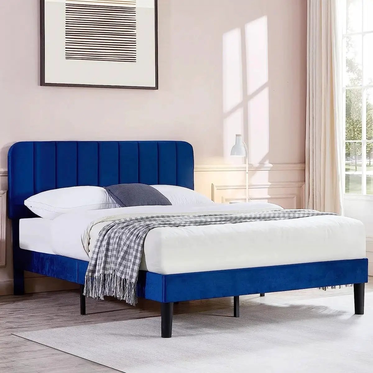 Queen size Blue Upholstered Platform Bed Frame with Headboard by HomePacific