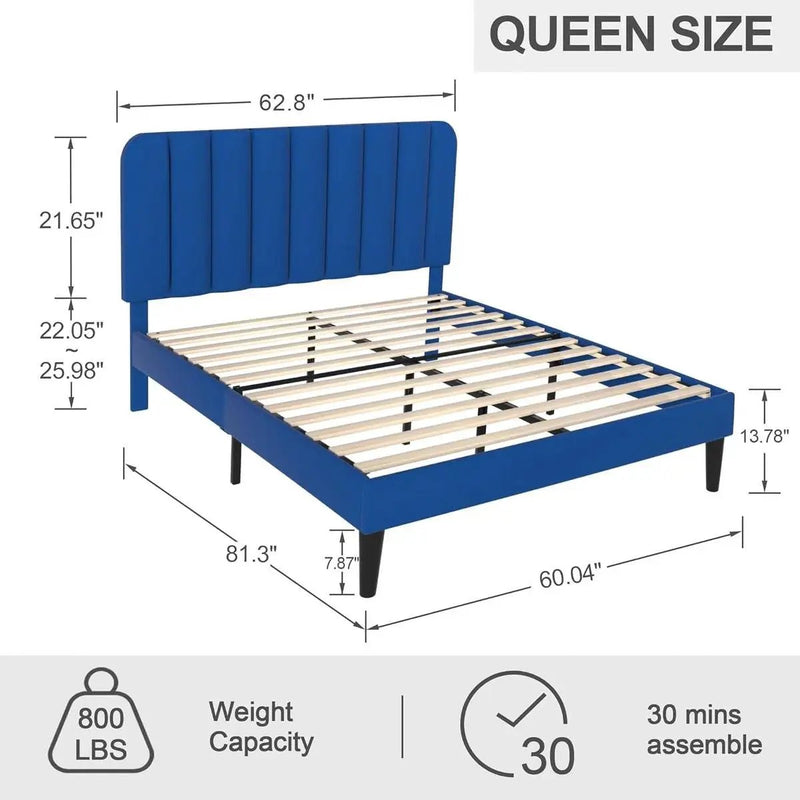 Queen size Blue Upholstered Platform Bed Frame with Headboard by HomePacific