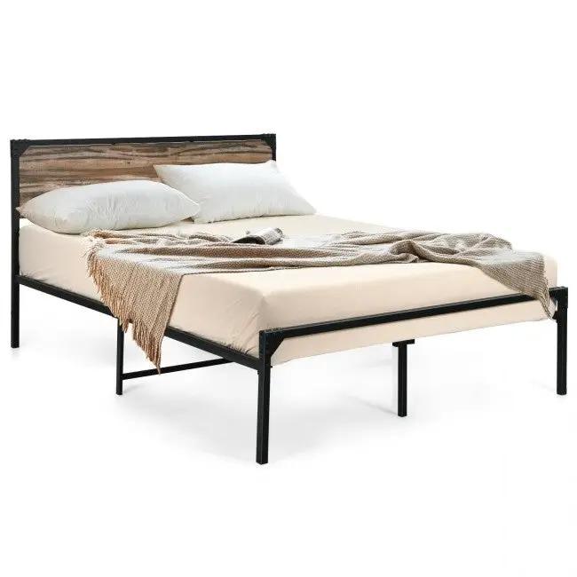 Rustic FarmHome Metal Wood Platform Bed Frame in Queen Size by HomePacific