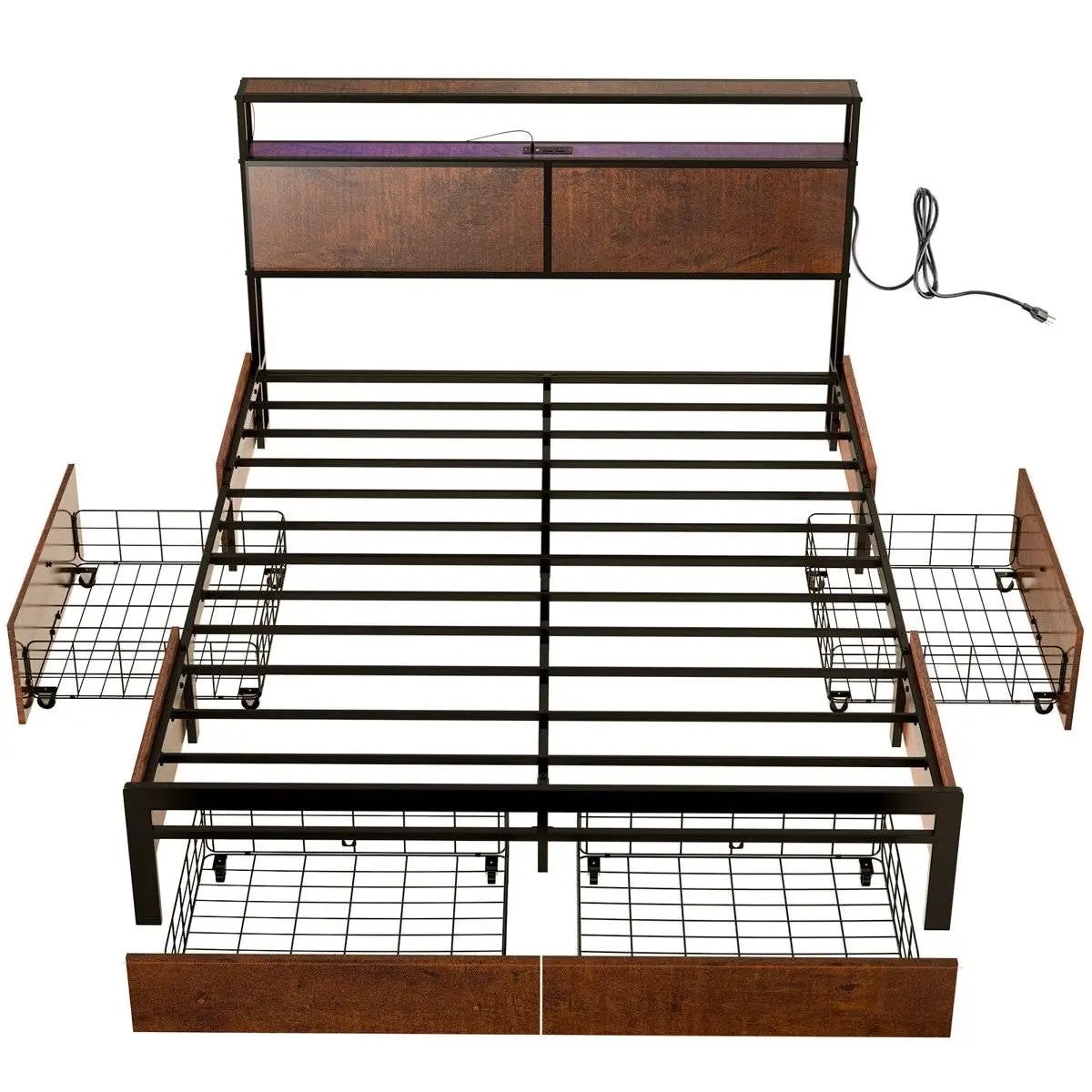Queen size Platform Bed with Headboard and Storage Drawers in Brown Wood Finish by HomePacific