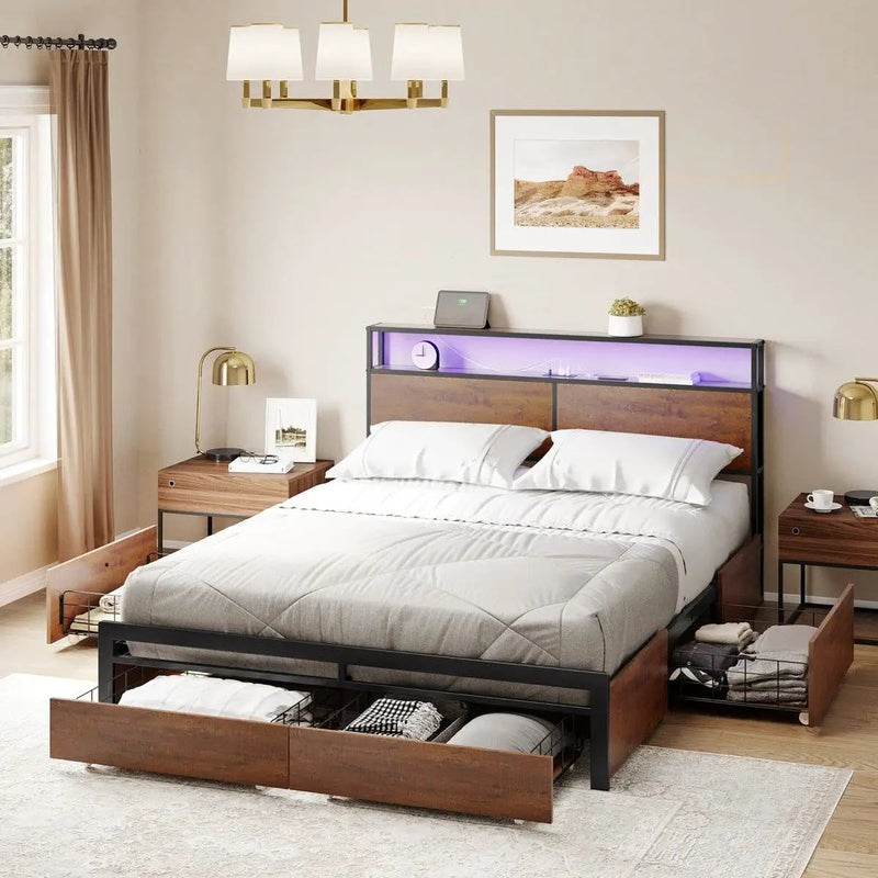 Queen size Platform Bed with Headboard and Storage Drawers in Brown Wood Finish by HomePacific