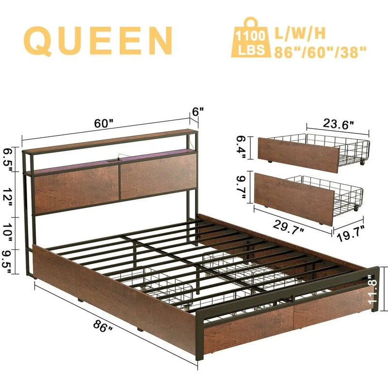 Queen size Platform Bed with Headboard and Storage Drawers in Brown Wood Finish by HomePacific