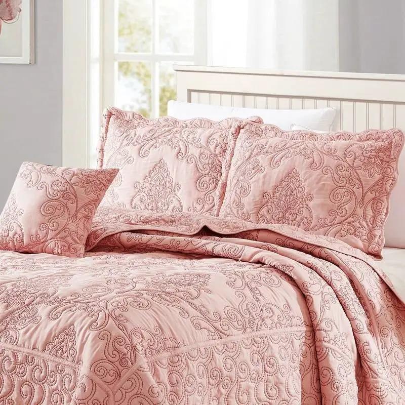 Queen size Dusty Pink Damask Embroidered 4 Piece Oversized Bedspread Set by HomePacific