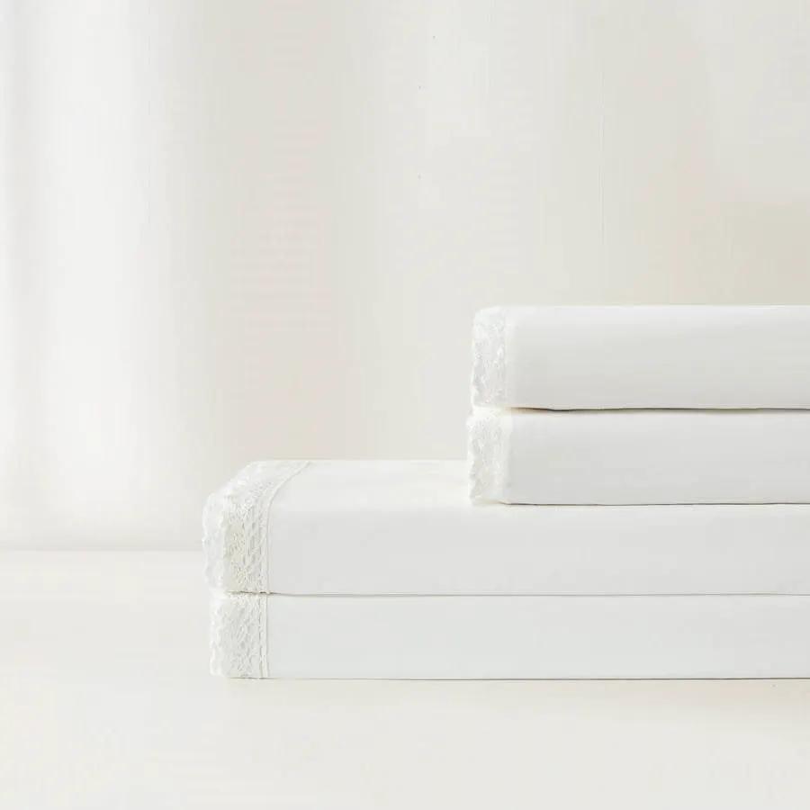 Queen Size 4 Piece 100-Percent Cotton Sheet Set in White with Lace Trim by HomePacific