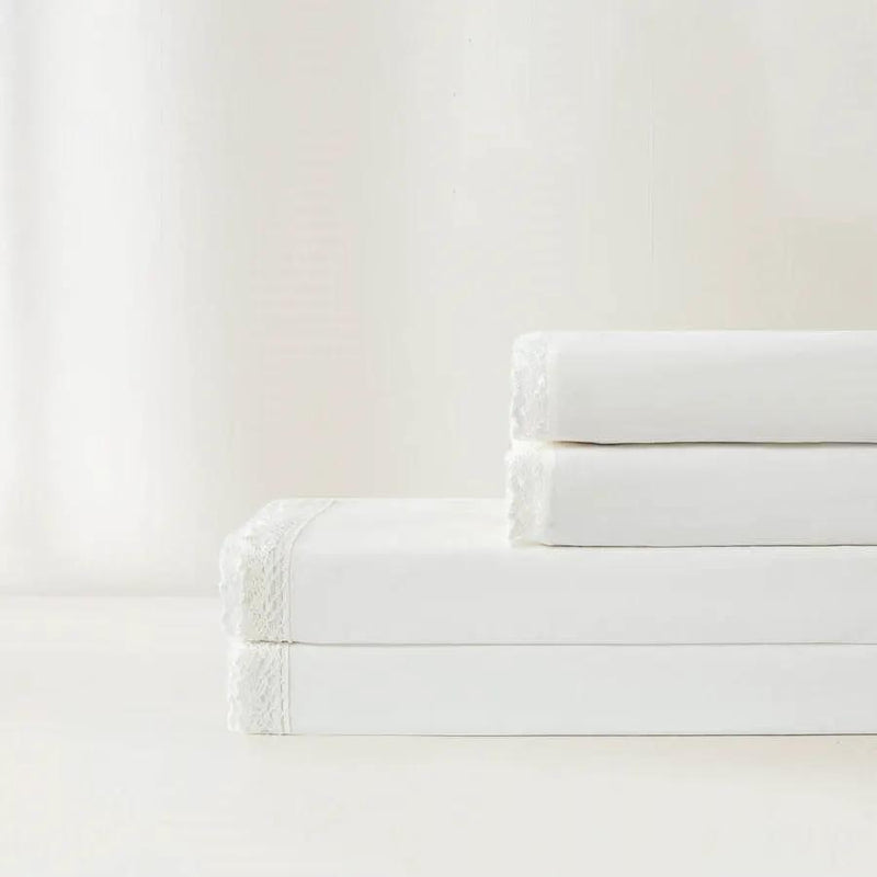 Queen Size 4 Piece 100-Percent Cotton Sheet Set in White with Lace Trim by HomePacific