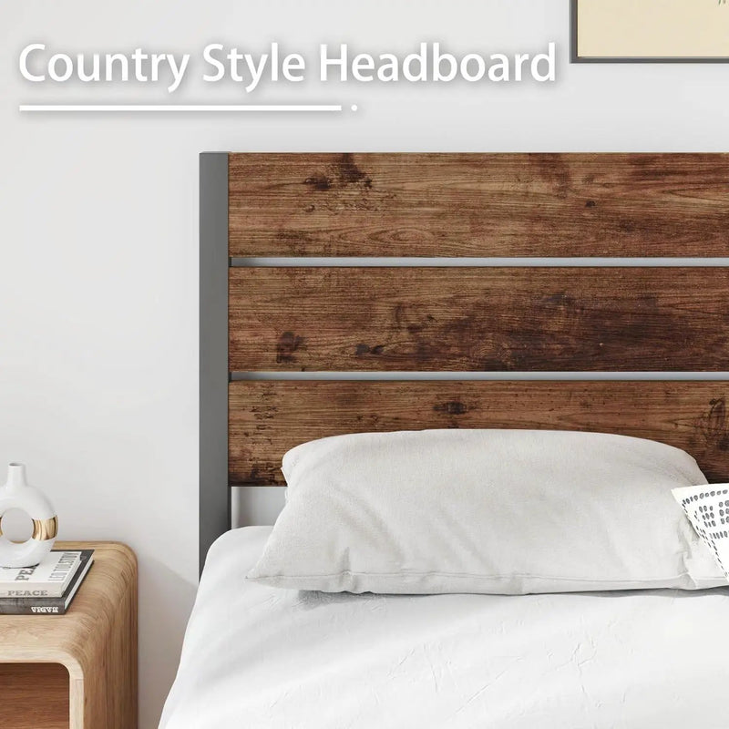 Queen size Modern Farmhouse Metal Platform Bed Frame with Brown Wood Headboard by HomePacific