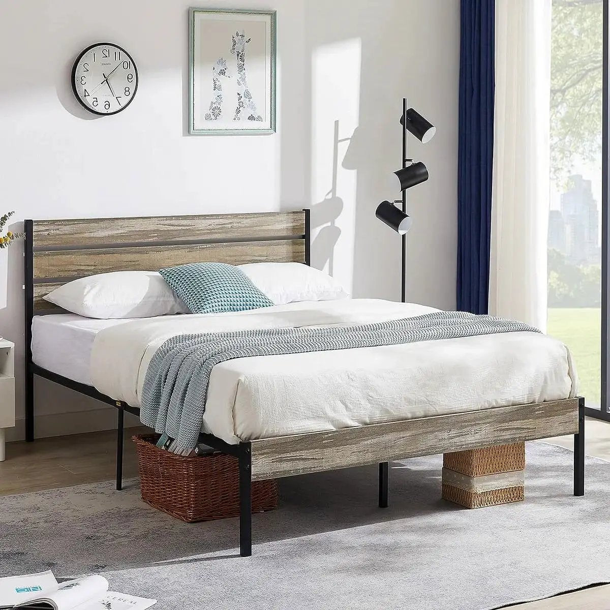 Queen Industrial Farmhouse Rustic Wood Metal Platform Bed Frame with Headboard by HomePacific