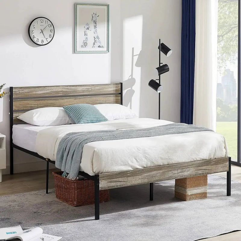 Queen Industrial Farmhouse Rustic Wood Metal Platform Bed Frame with Headboard by HomePacific