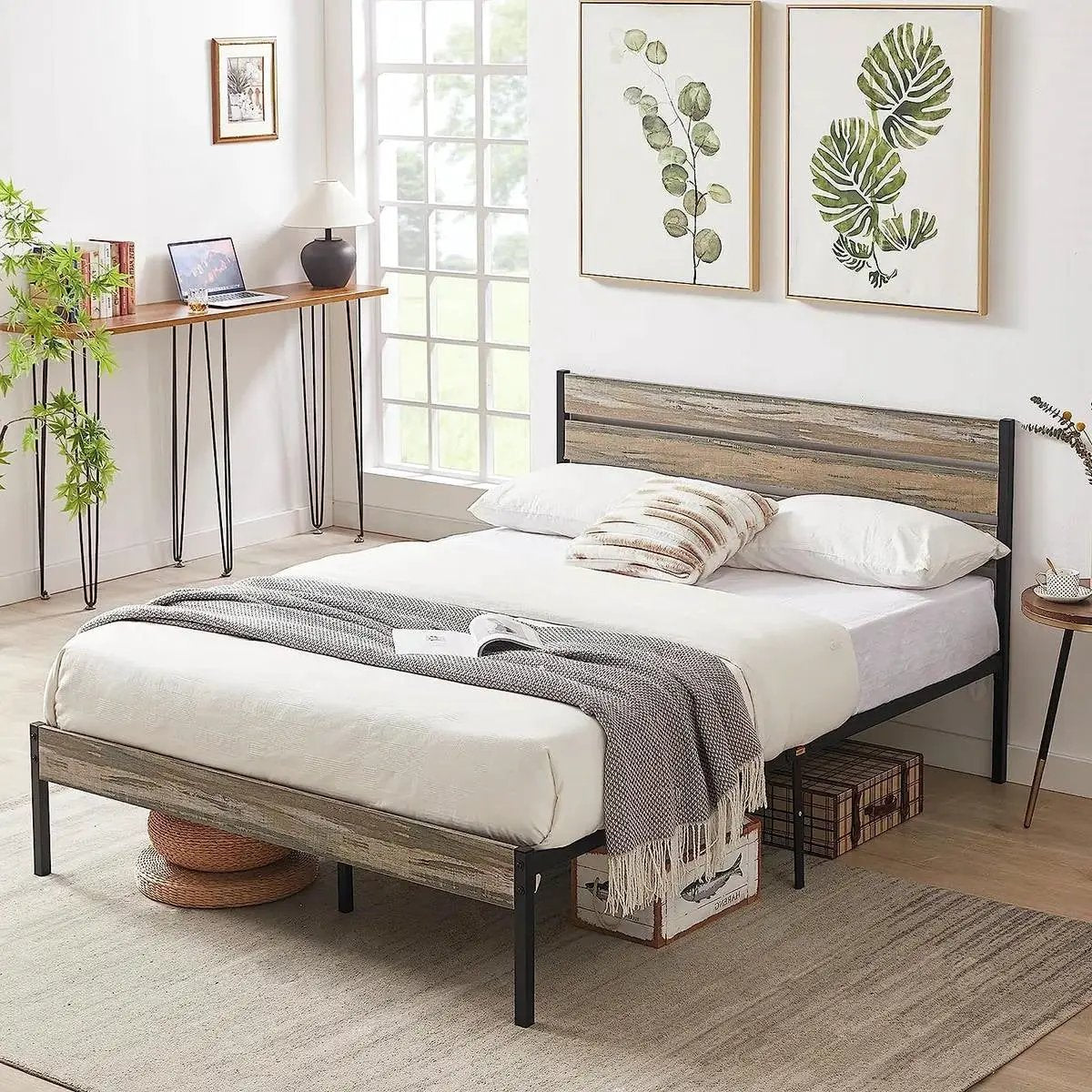 Queen Industrial Farmhouse Rustic Wood Metal Platform Bed Frame with Headboard by HomePacific