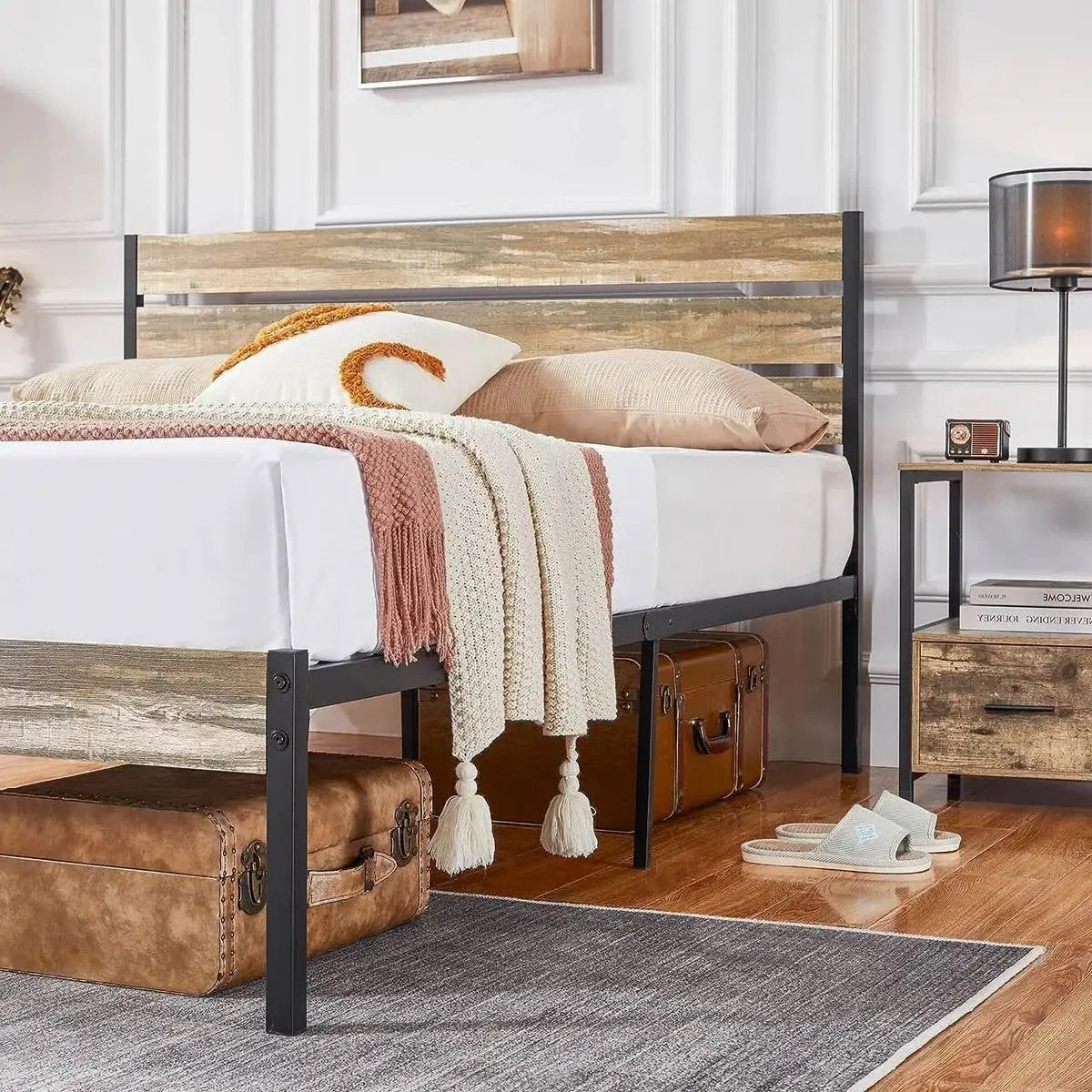 Queen Industrial Farmhouse Rustic Wood Metal Platform Bed Frame with Headboard by HomePacific