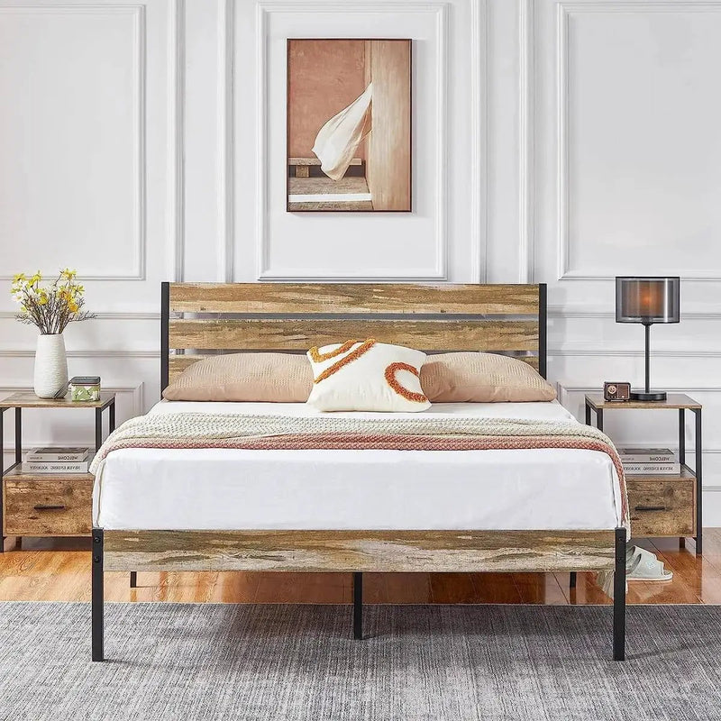 Queen Industrial Farmhouse Rustic Wood Metal Platform Bed Frame with Headboard by HomePacific