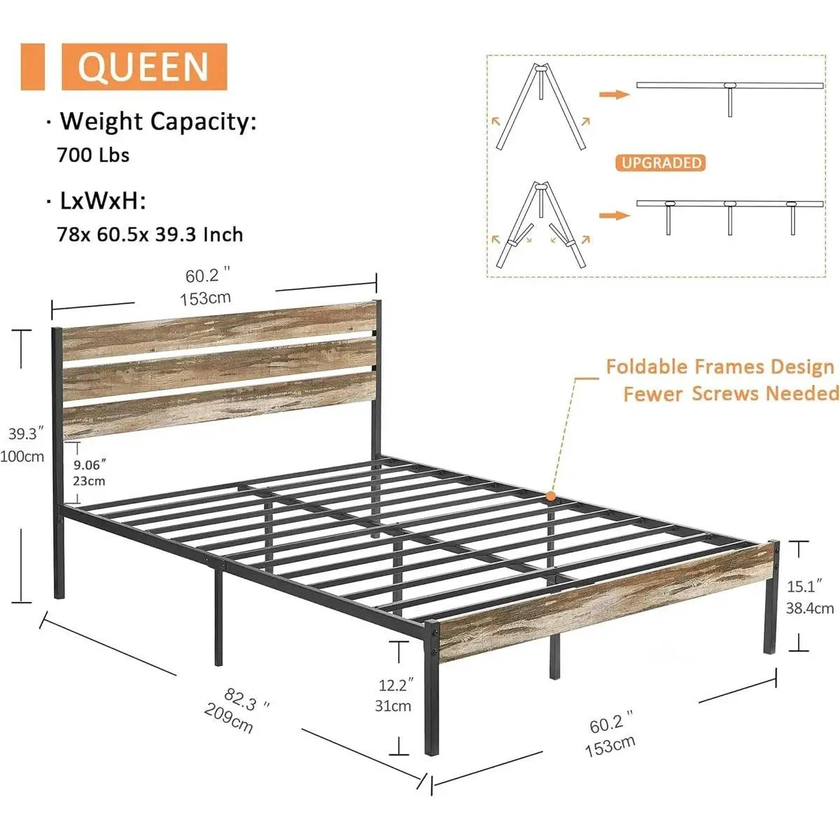 Queen Industrial Farmhouse Rustic Wood Metal Platform Bed Frame with Headboard by HomePacific