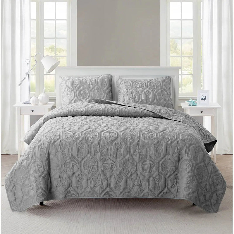 Queen Coastal Beach Embossed Starfish Seashell Seahorse Grey 3-Piece Quilt Set by HomePacific