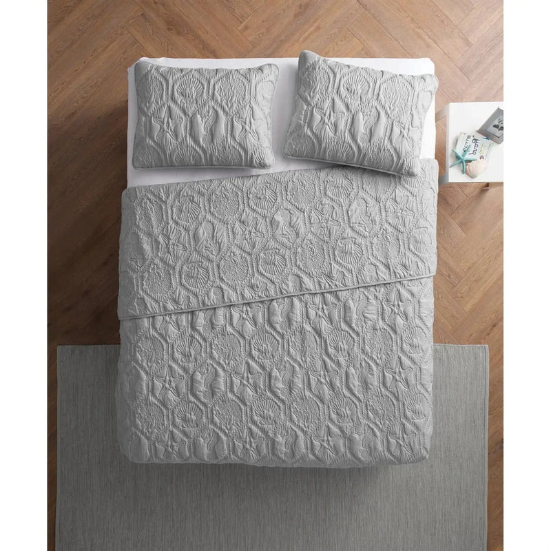 Queen Coastal Beach Embossed Starfish Seashell Seahorse Grey 3-Piece Quilt Set by HomePacific