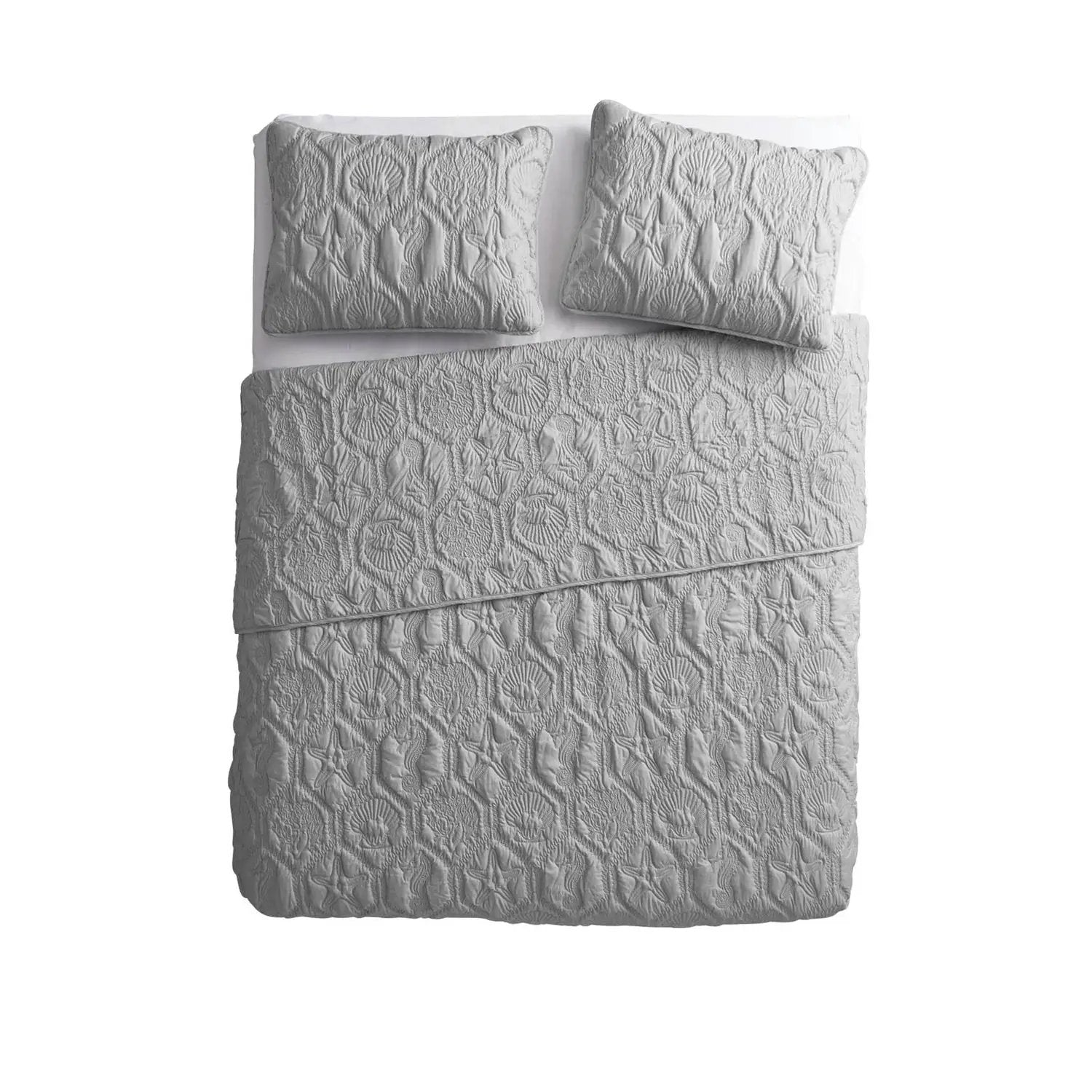 Queen Coastal Beach Embossed Starfish Seashell Seahorse Grey 3-Piece Quilt Set by HomePacific