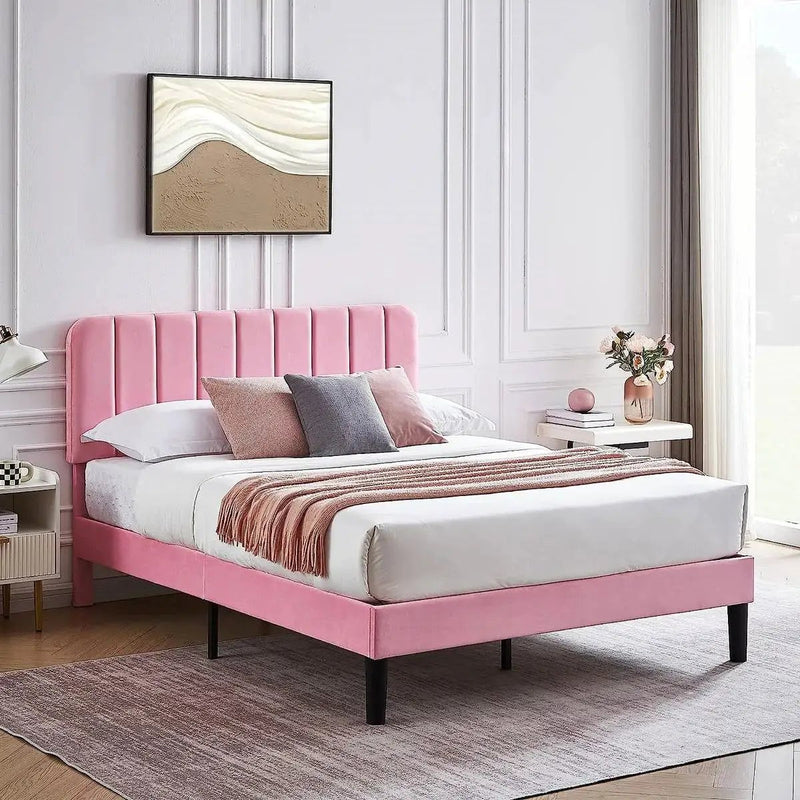 Queen size Pink Upholstered Platform Bed Frame with Headboard by HomePacific