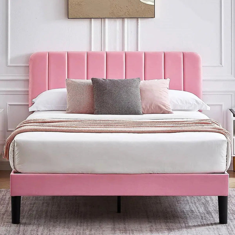 Queen size Pink Upholstered Platform Bed Frame with Headboard by HomePacific
