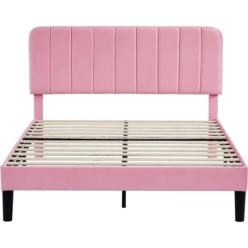 Queen size Pink Upholstered Platform Bed Frame with Headboard by HomePacific