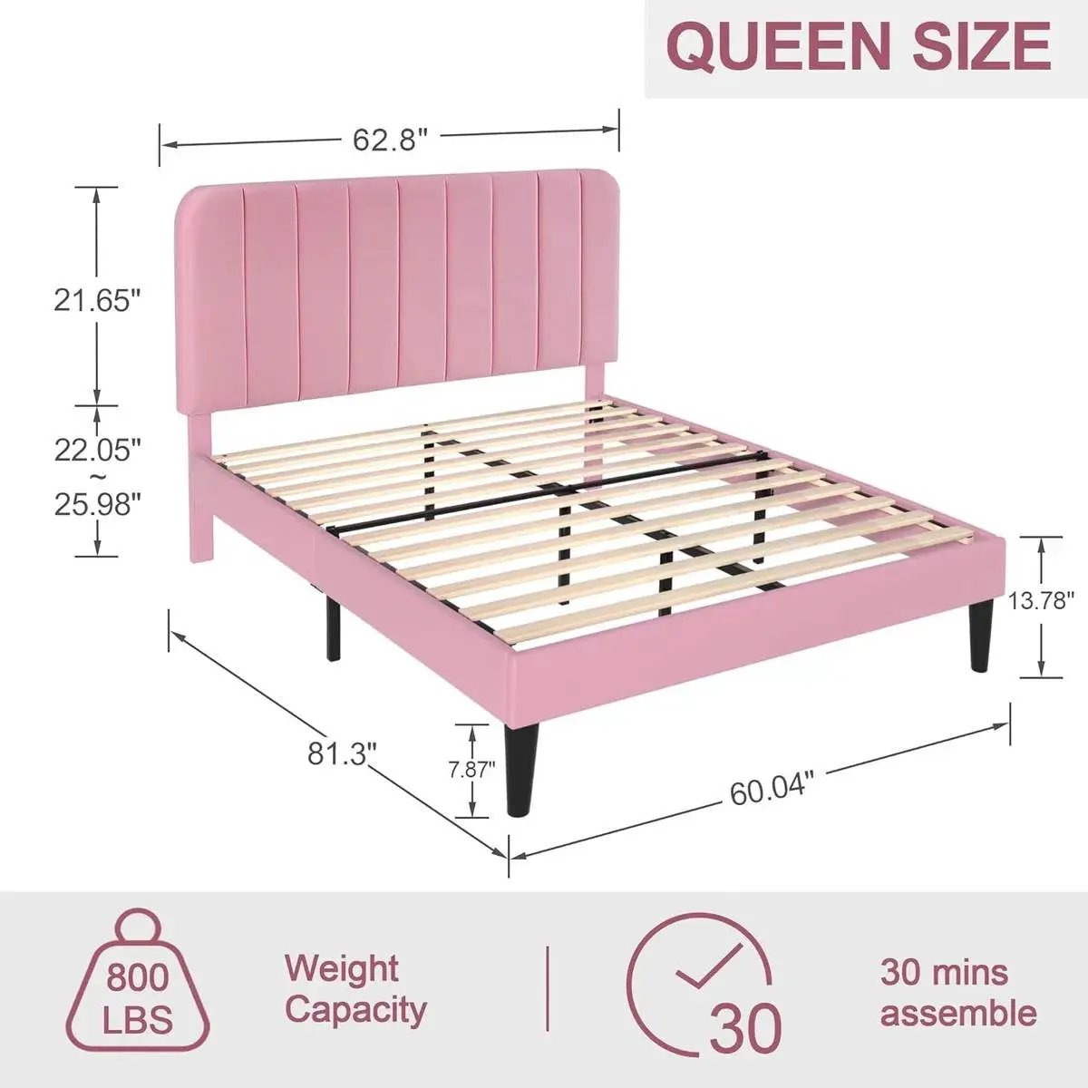 Queen size Pink Upholstered Platform Bed Frame with Headboard by HomePacific
