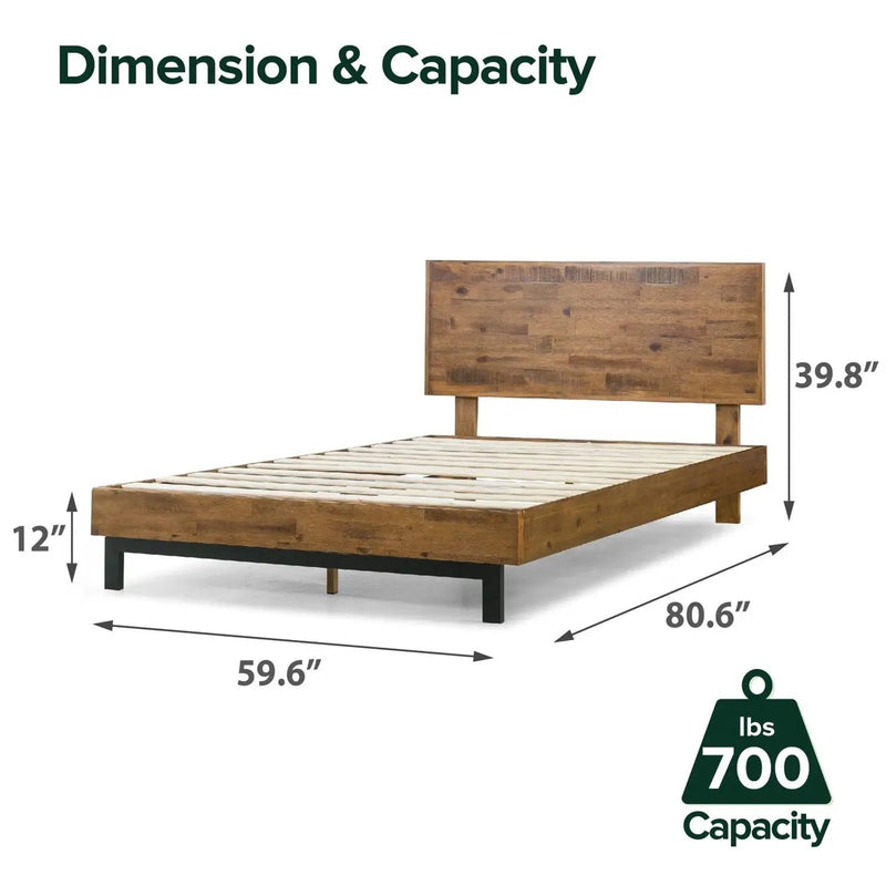 Queen Solid Wood Modern Platform Bed Frame with Adjustable Height Headboard by HomePacific