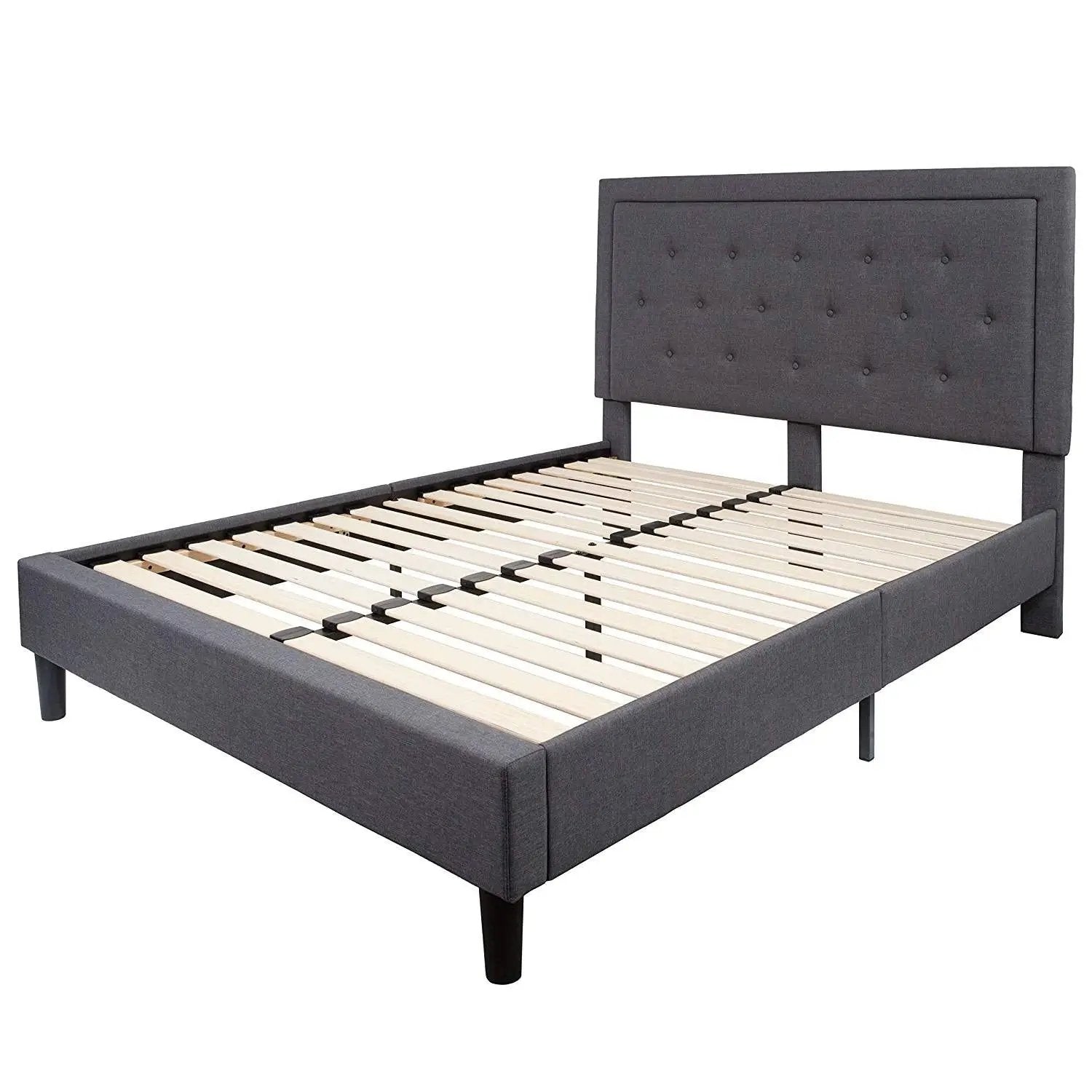 Queen size Dark Gray Fabric Upholstered Platform Bed Frame with Headboard by HomePacific