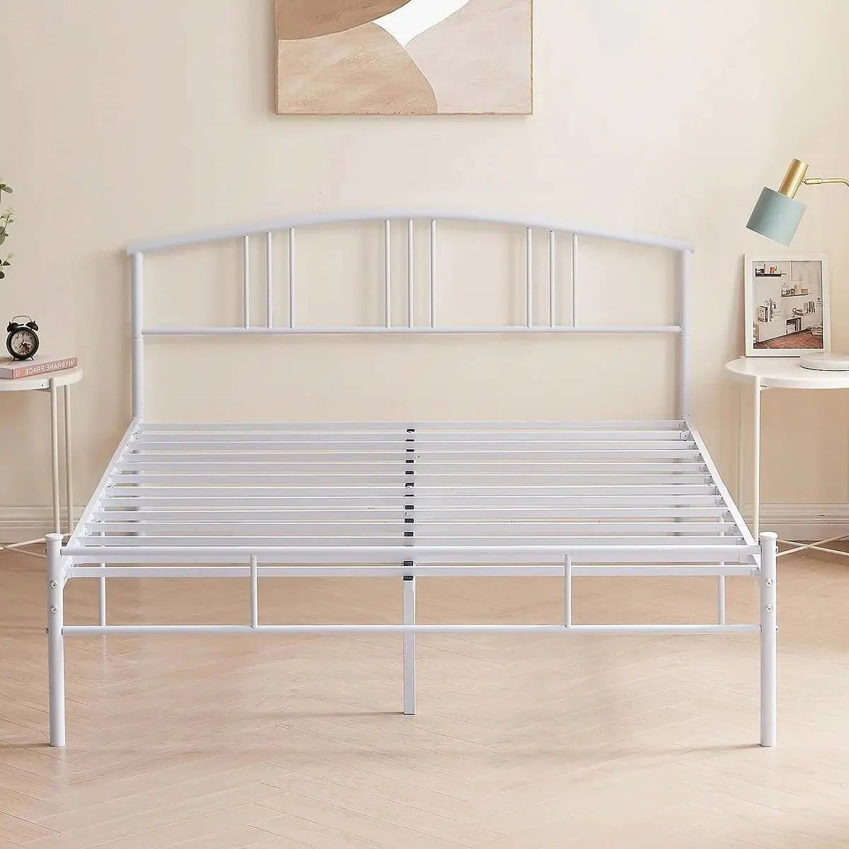 Queen size White Metal Platform Bed Frame with Arched Headboard by HomePacific