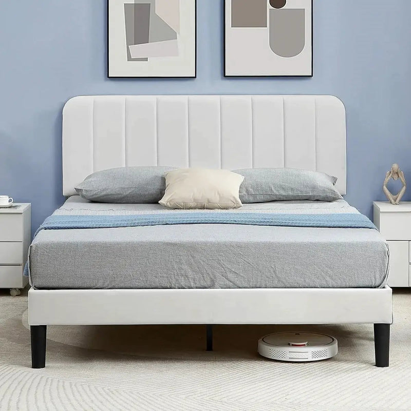 Queen size White Upholstered Platform Bed Frame with Headboard by HomePacific