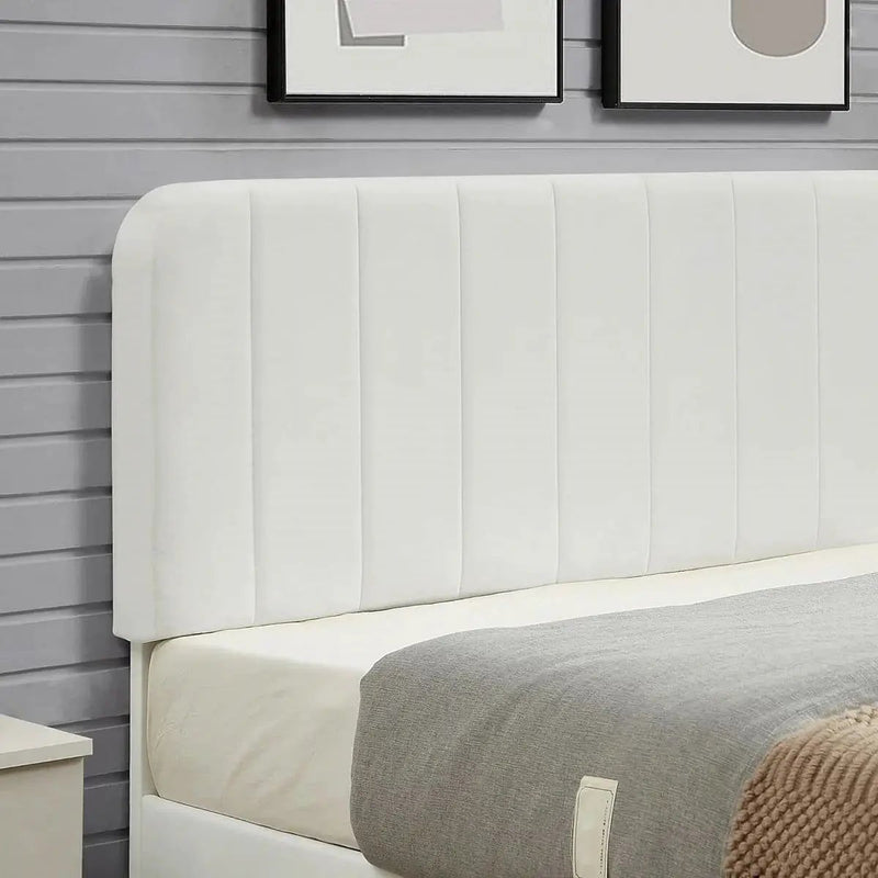Queen size White Upholstered Platform Bed Frame with Headboard by HomePacific
