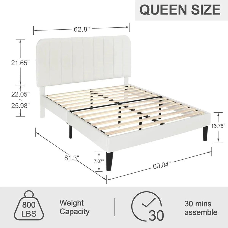 Queen size White Upholstered Platform Bed Frame with Headboard by HomePacific