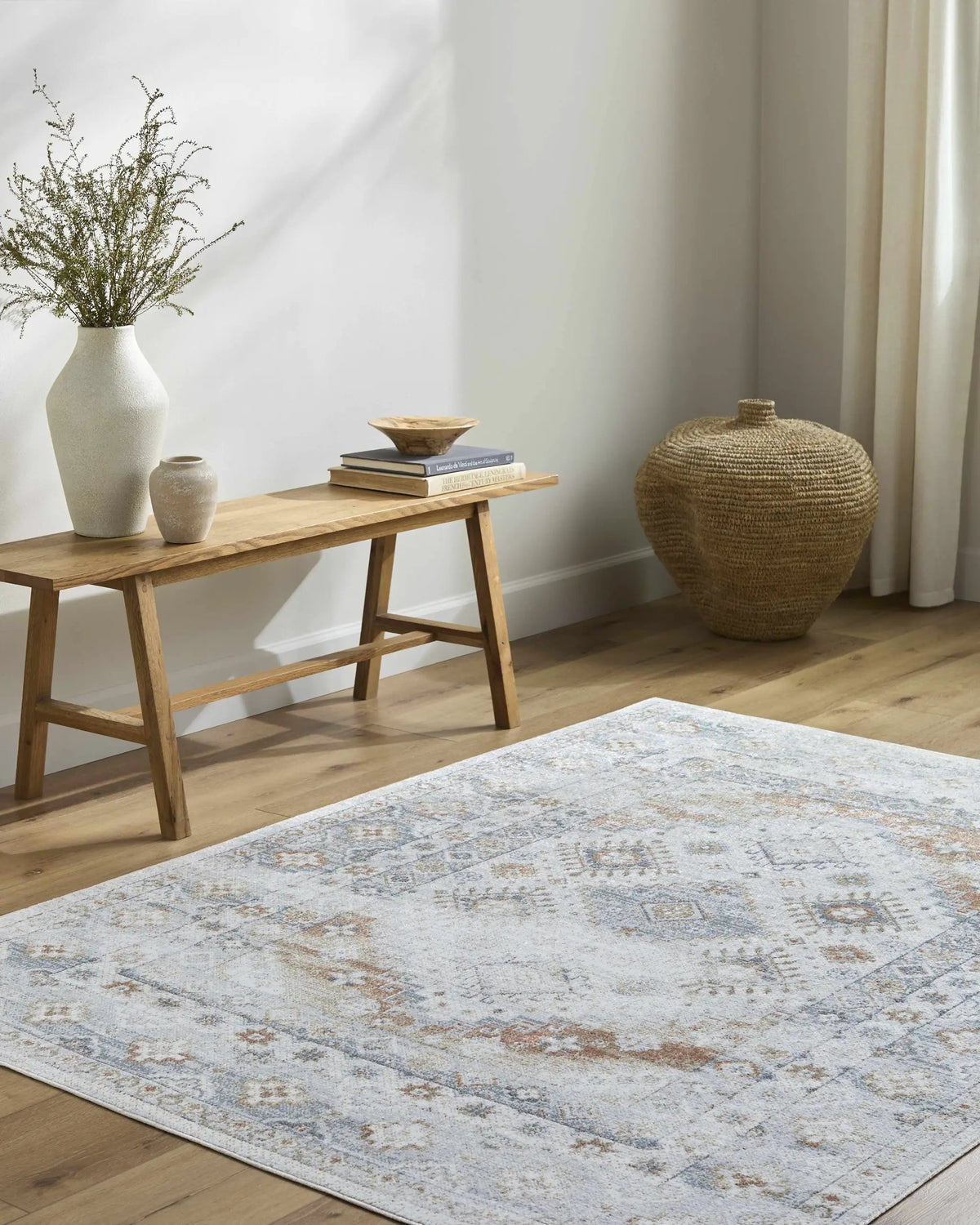 Agaton Blue & Brown Washable Area Rug, installed in a room