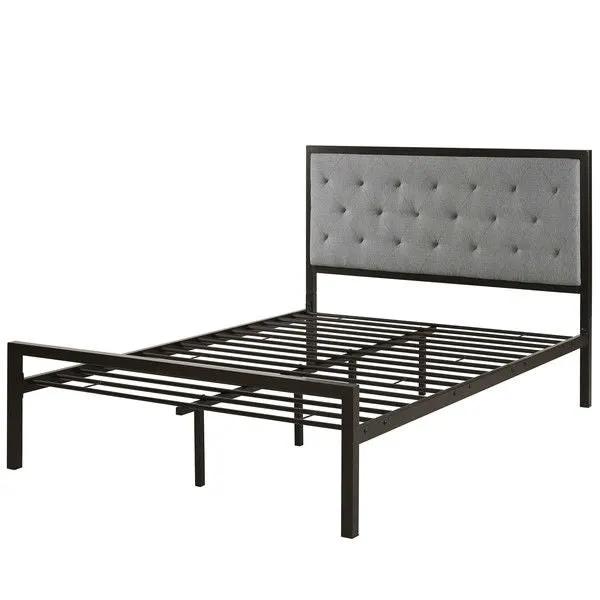 Queen size Contemporary Metal Platform Bed with Grey Upholstered Headboard by HomePacific