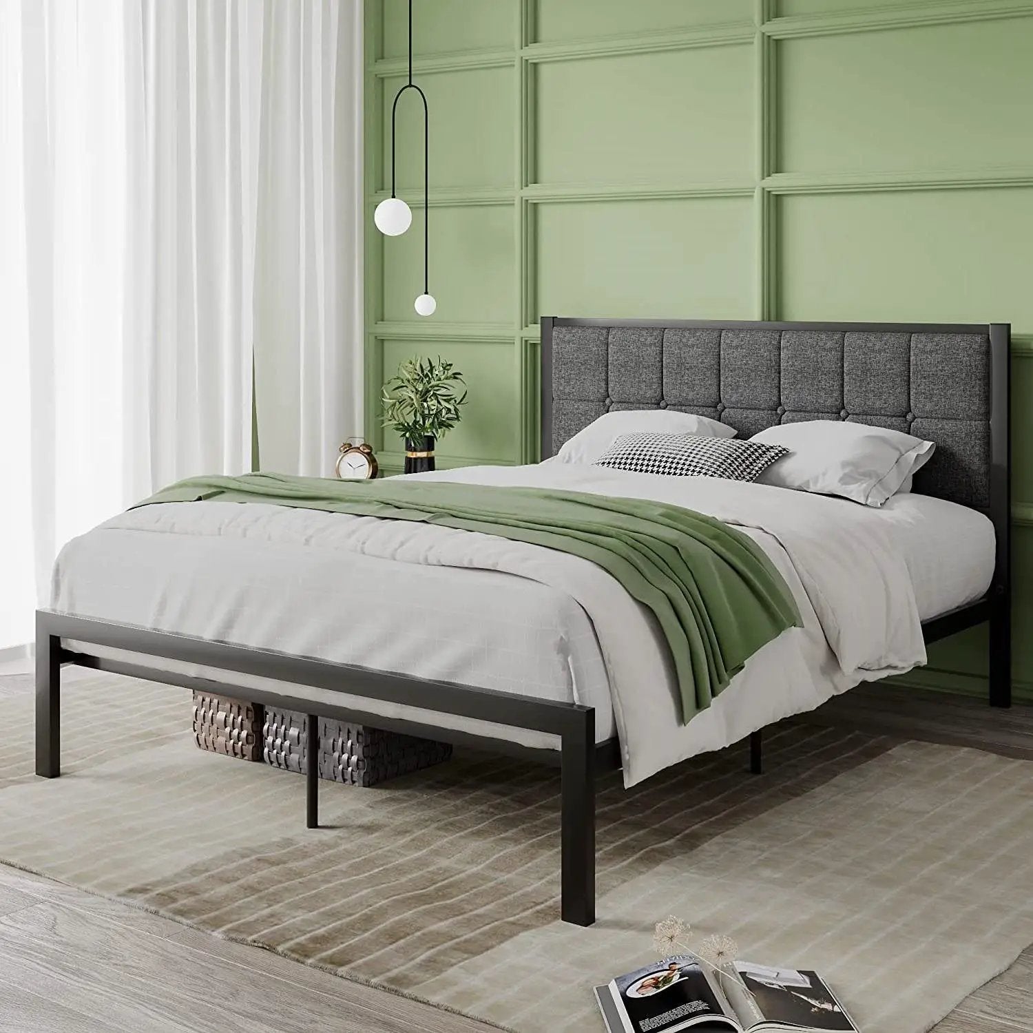 Queen Metal Platform Bed Frame with Gray Button Tufted Upholstered Headboard by HomePacific