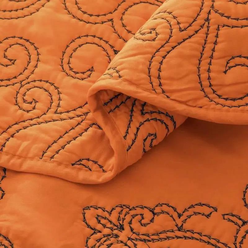Queen size Orange Nectarine Damask Embroidered 4 Piece Oversized Bedspread Set by HomePacific