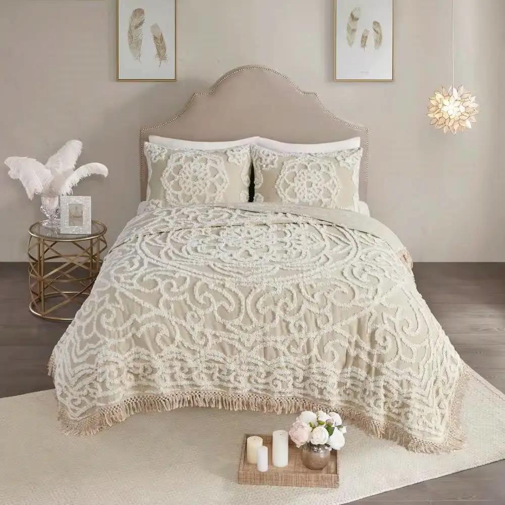 Queen 100-Percent Cotton Chenille Bedspread with Fringe Hem in Khaki Taupe Beige by HomePacific
