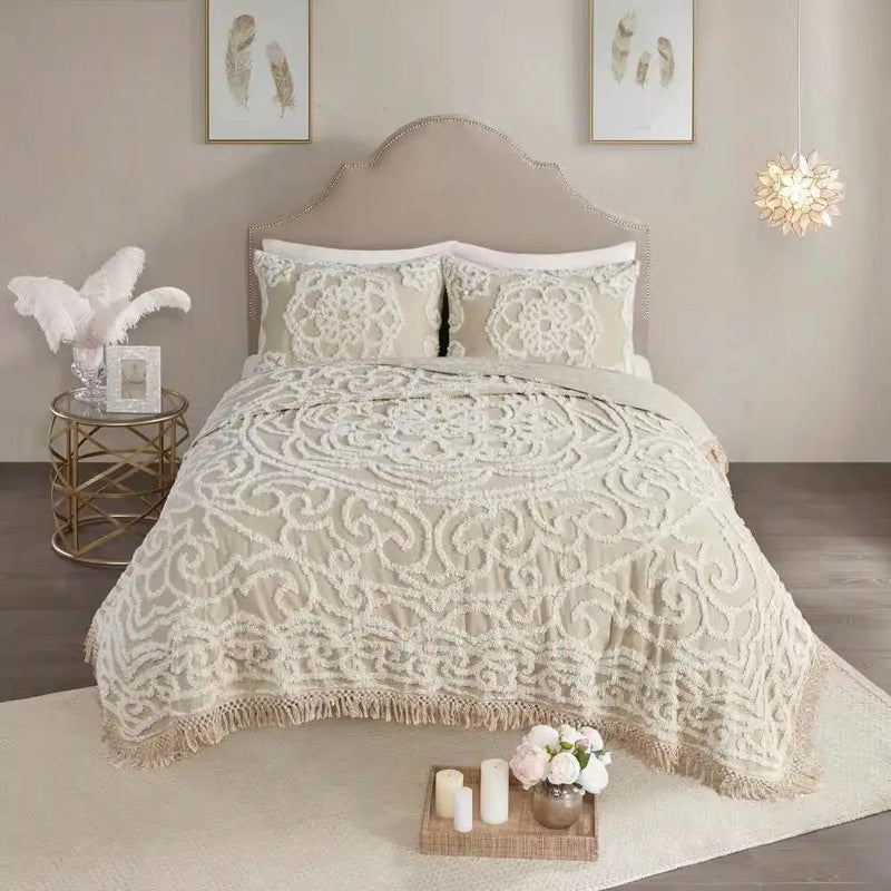 Queen 100-Percent Cotton Chenille Bedspread with Fringe Hem in Khaki Taupe Beige by HomePacific