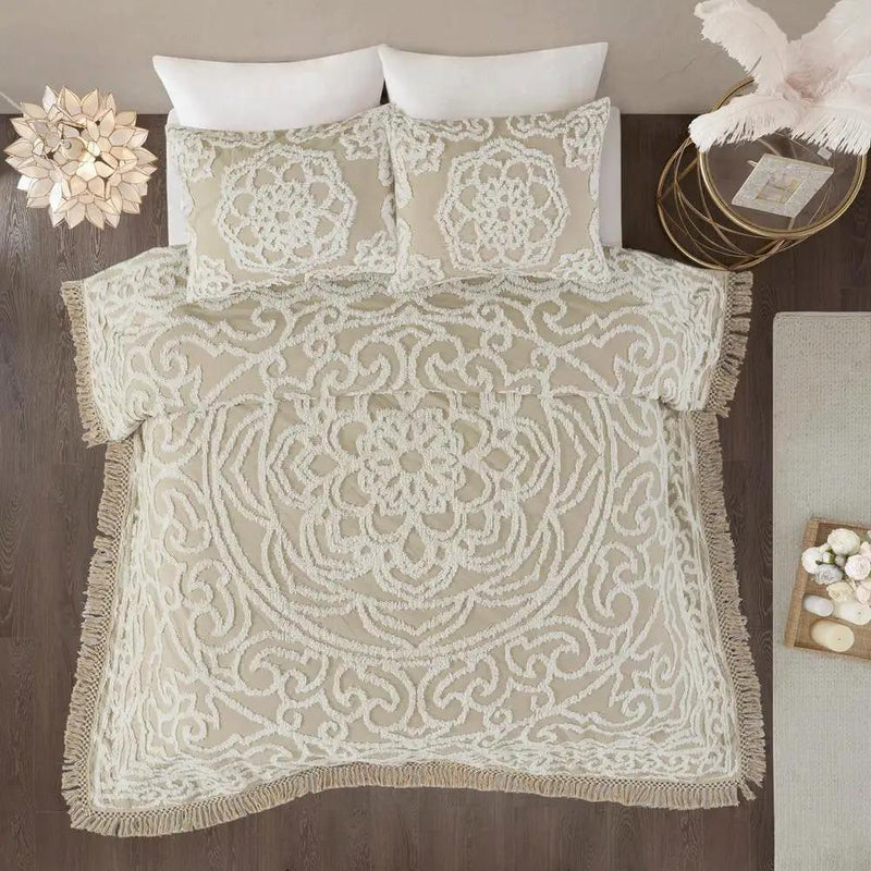 Queen 100-Percent Cotton Chenille Bedspread with Fringe Hem in Khaki Taupe Beige by HomePacific