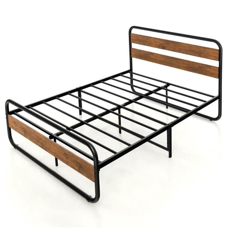 Queen Industrial Wood and Metal Tube Platform Bed with Headboard and Footboard by HomePacific